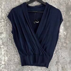 NEW Lafayette 148 Size S Preppy V Neck Faux Wrap Top Navy Cap Sleeve Pullover